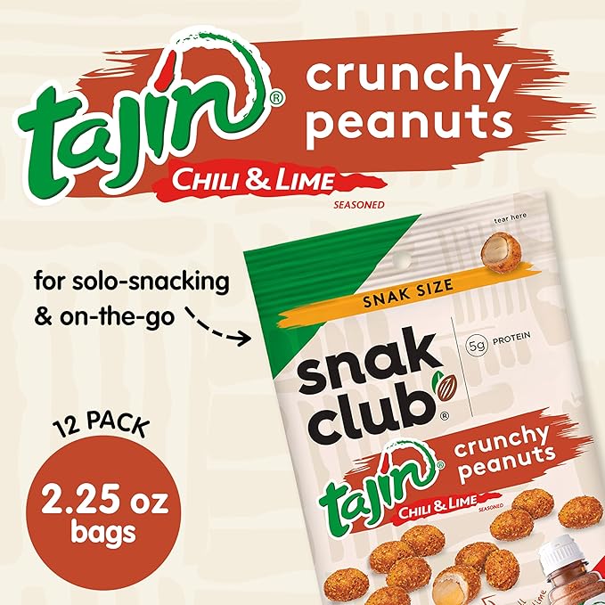 Snak Club Tajin Crunchy Peanuts Nuts with Chili and Lime Seasoning Mild 2.25 oz Snack Bags 12 Pack
