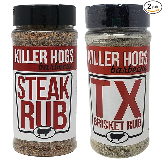 Killer Hogs Barbecue Rub Variety Pack - Steak Rub and Texas Brisket BBQ Rub - Pack of 2 Bottles - 32 oz by Volume Total - 22 oz by Weight Total - Championship BBQ and Grill Seasoning