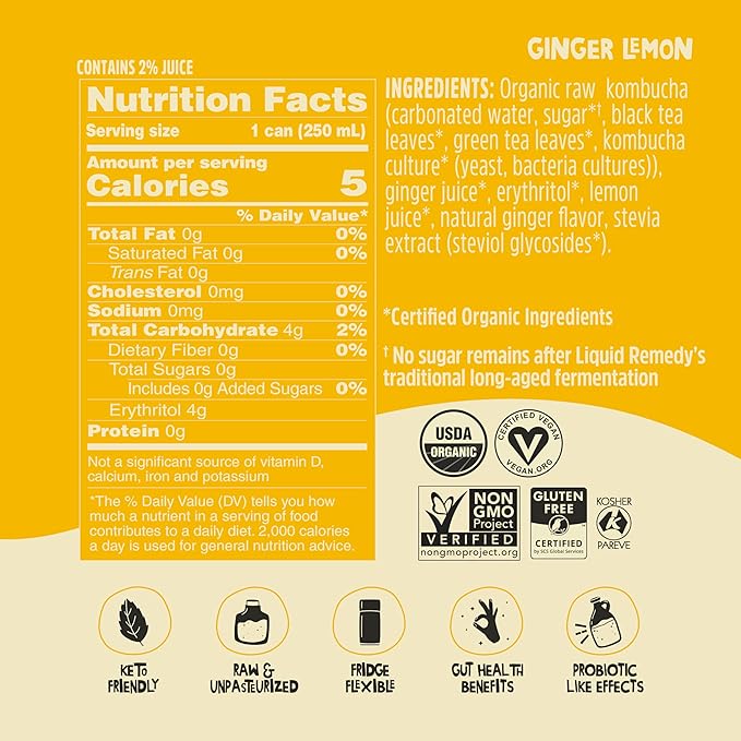 Liquid Remedy Kombucha Sugar Free Organic Drink Low Calorie Probiotic Like Tea for Gut Health - Ginger Lemon - 8.5 Fl Oz Can 24-Pack