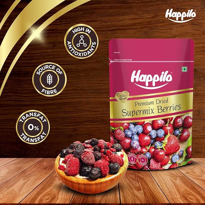 Happilo Premium Dried Super Mix Berries 200gm | Tasty &amp Healthy Berries | Rich in Antioxidant | Contains Dried Strawberries Cranberries Cherry &amp Raisins Mix | Real Dried Berries