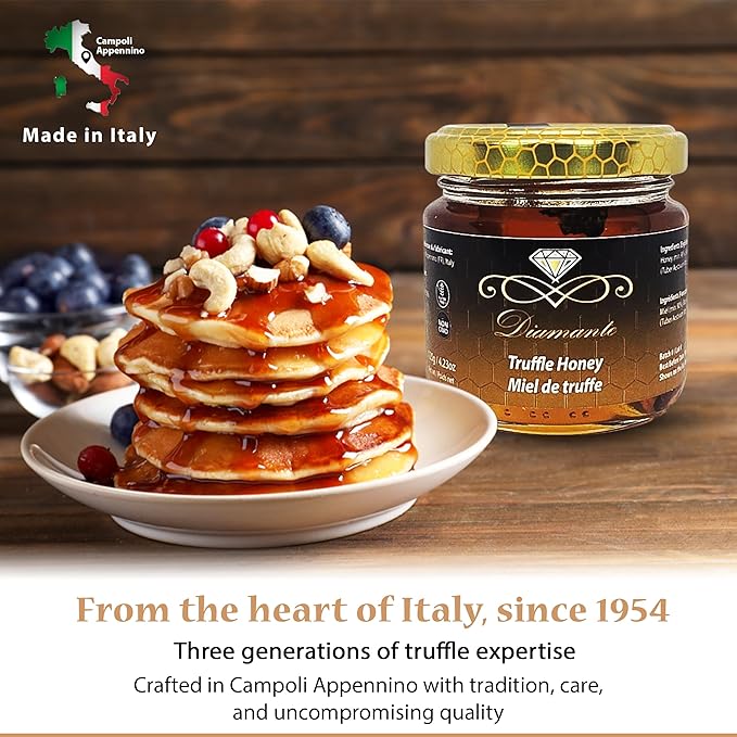 Diamante Italy Truffle Honey - Italian Luxurious Gourmet Flavored Honey with 3% Black Truffle - Ideal for Charcuterie Board &amp Cheese Plate - Non GMO &amp Made in Italy - 120g