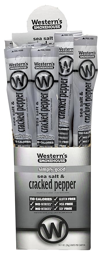 Western's Smokehouse Sea Salt &amp Cracked Pepper Jerky Meat Sticks - 1.0 Ounce Pack of 24 - Uncured Bacon Jerky Sticks 110 Calories 8g Protein Gluten-Free MSG-Free Soy-Free No Nitrates