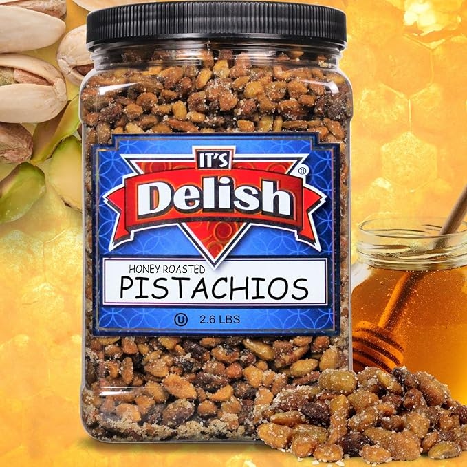 Honey Roasted Pistachio (Shelled No Shell) by It's Delish 2.6 LBS Reusable Jumbo Container | Gourmet Pistachio (Shelled No Shell) Nuts in Honey Sugar Coating Sweet &amp Heart Healthy Salted Nut