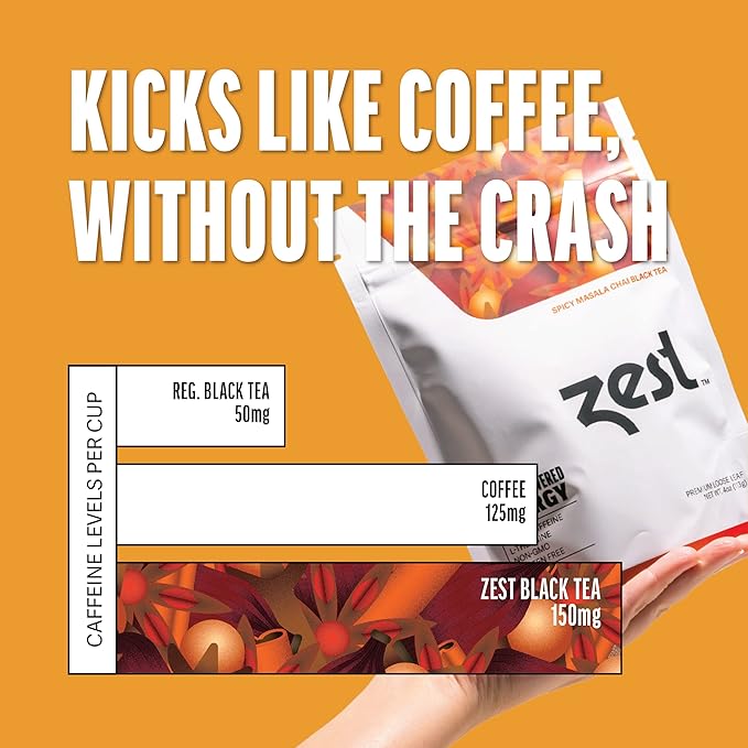 Zest Energy Black Tea - Spicy Masala Chai Loose Leaf Blend - High Caffeine Cardamom Ginger Tea with Cinnamon - Caffeinated Coffee Altnernative - Natural Non-GMO &amp Keto - 50 Servings - 150mg Caf