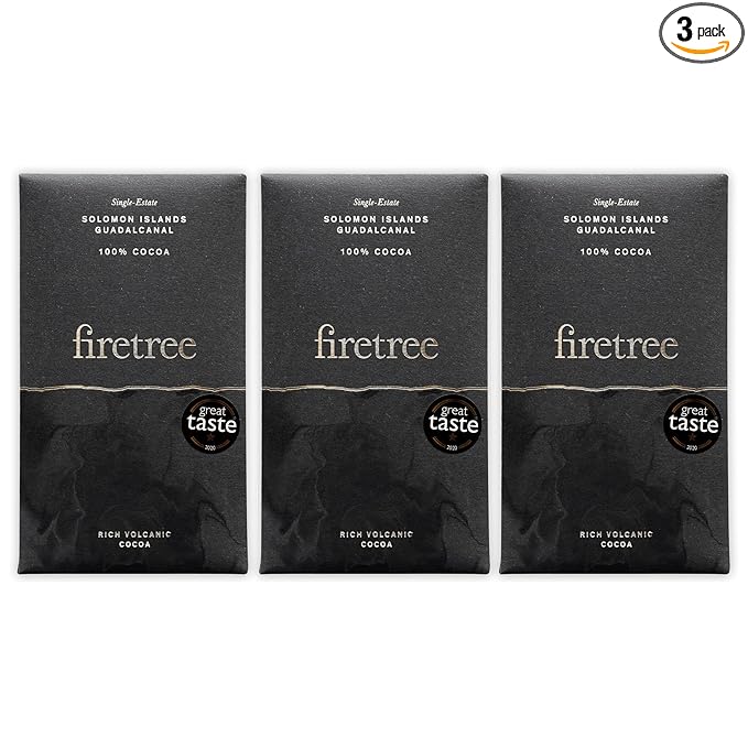Firetree Solomon Island Guadalcanal 100% Dark Chocolate 3 Pack - UK Chocolate - Premium Craft Artisanal Direct-Trade Single-Origin Bean-to-bar - Vegan Keto Paleo Kosher Halal Soy-Free Glute