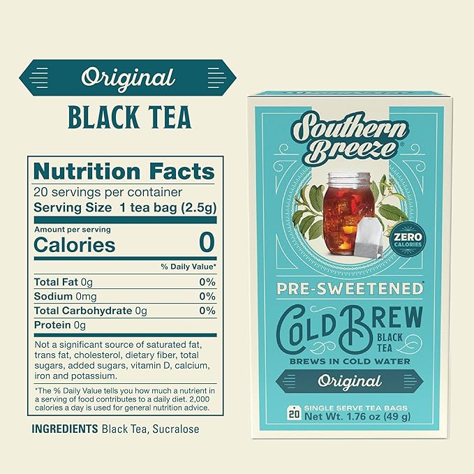 Southern Breeze Cold Brew Sweet Tea Original Iced Tea with Black Tea and Zero Carbs Zero Sugar 20 Individually Wrapped Tea Bags Pack of 4