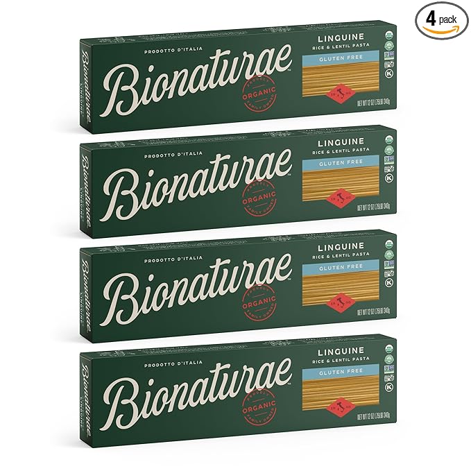 Bionaturae Linguine Pasta Noodles - Gluten Free Linguine Rice &amp Lentil Pasta Kosher Certified High Protein Non-GMO Gluten Free Pasta Organic Crafted in Italy - 12 Oz 4 Pack