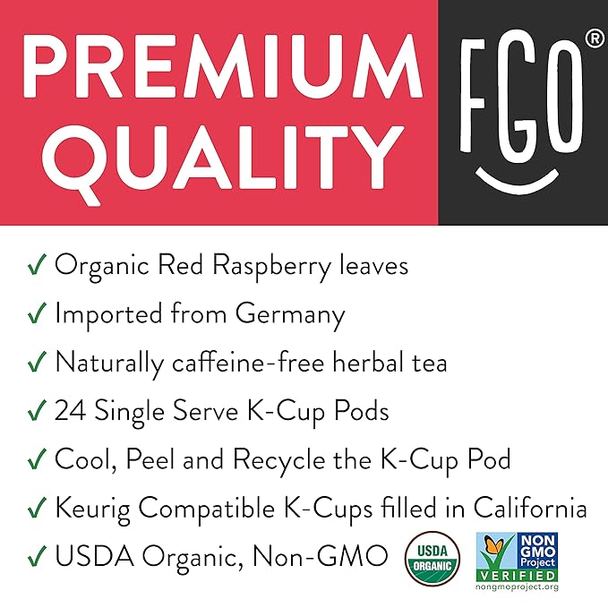 FGO Organic Raspberry Leaf Tea K-Cup Pods for Keurig 24 Count (Pack of 1) Naturally Caffeine-Free Herbal Tea USDA Organic Non-GMO &amp Recyclable