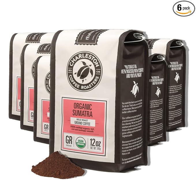 Charleston Coffee Roasters | Specialty Organic Ground Coffee | Hand Picked Premium Slow Roast (Sumatra Bold Roast) 12oz 6 pack