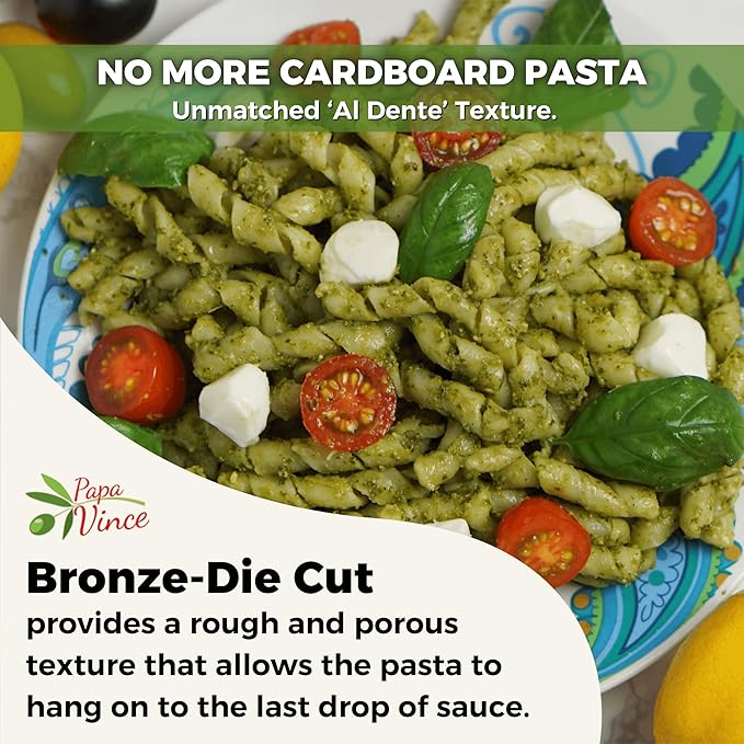 Papa Vince Organic Non Enriched Pasta - good whole wheat busiate pasta made in Italy from ancient grains cultivated in Sicily Italy. Slow Dried. Bronze Die Cut. Delightful Al dente texture. No funny