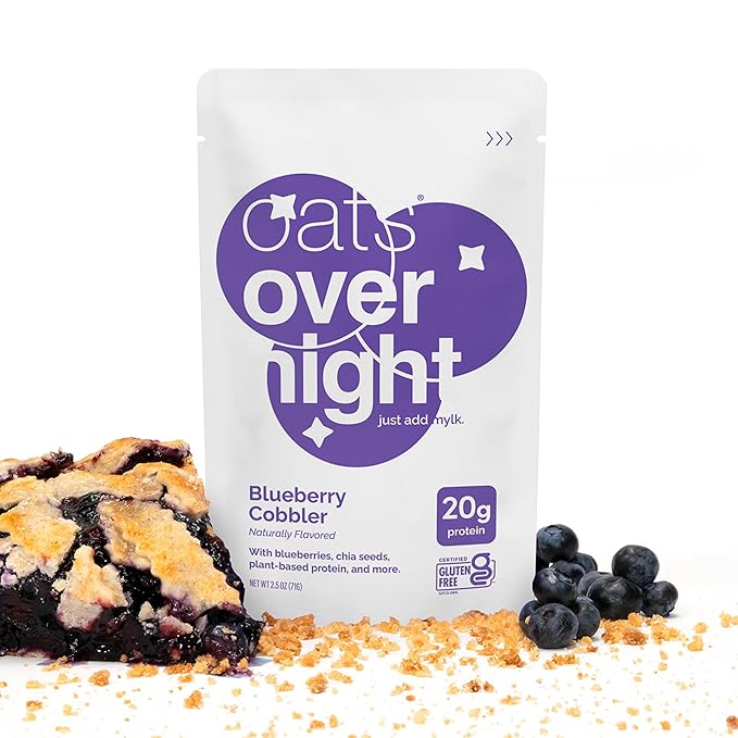 Oats Overnight - Blueberry Cobbler - Vegan 20g Protein High Fiber Breakfast Shake - Gluten Free Non GMO Oatmeal (2.5 oz per meal) (8 Pack + Shaker Bottle)