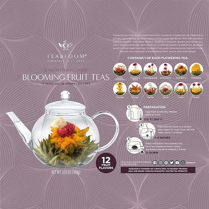 Teabloom Fruit Blooming Teas – 12 Unique Flower Varieties of Tea in 12 Delicious Fruit Flavors – Each Flowering Tea Ball Steeps Up to 3 Times