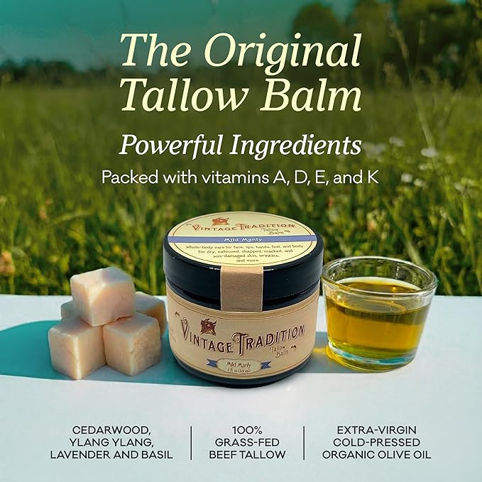 Vintage Tradition Beef Tallow All Purpose Balm - Healing Hydrating Men’s Skin Care Salve Replaces Body Lotion Hand Cream More - Essential Oil Olive Oil and Grass-Fed Tallow 2 fl. oz.