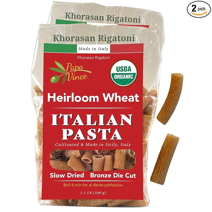 Papa Vince Organic Whole Wheat Non Enriched Rigatoni: Low Gluten Italian Pasta made in Italy from Organic Non GMO Khorasan Ancient Grain grown in Sicily. Slow Dried Bronze Die Cut. High in Selenium &a