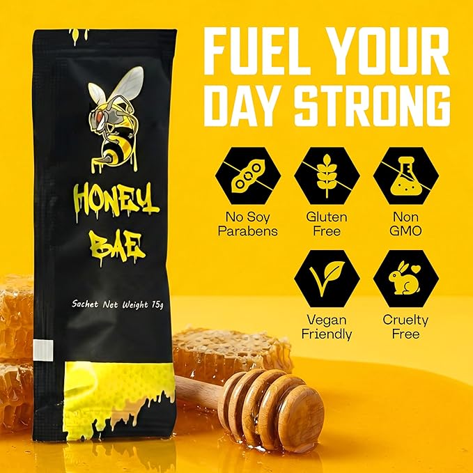 Honey Bae Natural Honey Sachets Herbal Vitality &amp Energy Support for Men Pure Honey with Maca Tongkat Ali Ginseng On-The-Go Single Serve Packets 12 x 15g