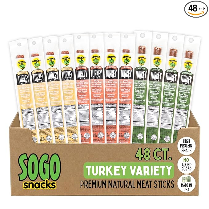 Turkey Variety Sogo Snacks No Sugar Low Carb Free-Range from a Family Farm. No Soy MSG Dairy Nuts Nitrates. Gluten Free Non-GMO. Keto Whole Paleo Friendly (Turkey Variety 1-oz 48 Cnt)