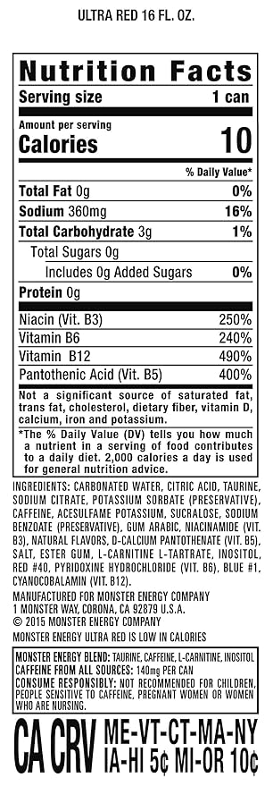Monster Energy Ultra Red Sugar Free Energy Drink 16 Ounce (Pack of 15) | Pack of 15