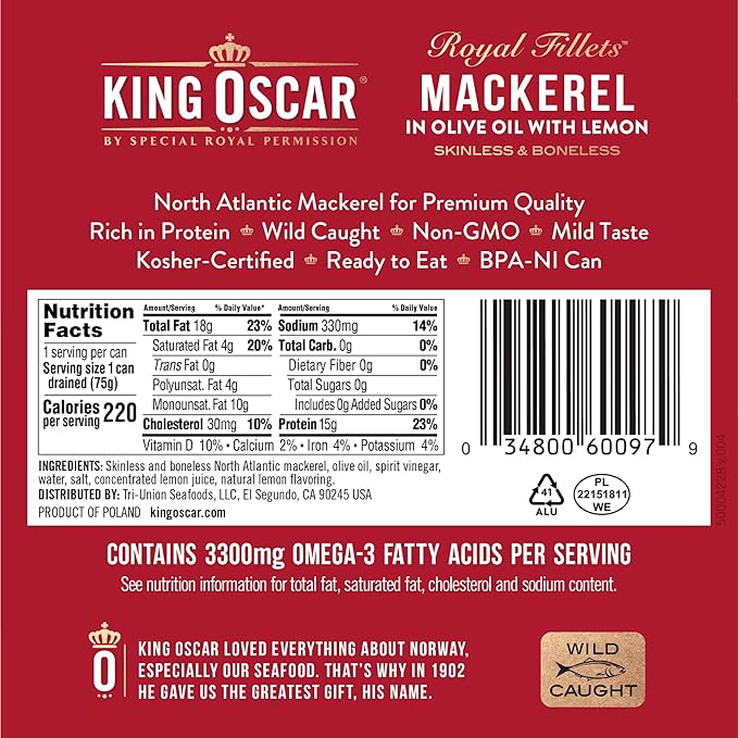 King Oscar Mackerel in Olive Oil with Lemon 4.05 Ounce Cans (Pack of 12 Packaging May Vary) Skinless &amp Boneless Wild Caught Canned Mackerel