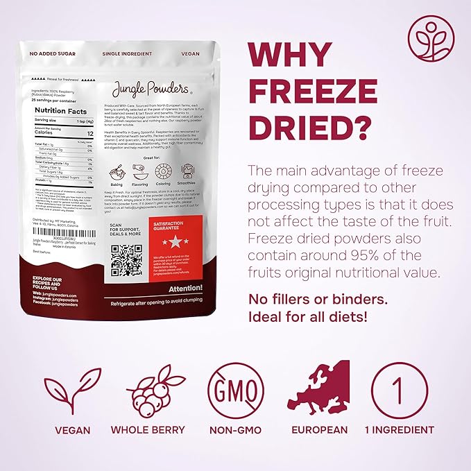 Jungle Powders Raspberry Powder 3.5 Ounce Bag Food Grade Powdered Unsweetened Freeze Dried Raspberries Additive Filler Free Red Superfood Extract for Baking Cooking Flavoring Rasberries Smoothies
