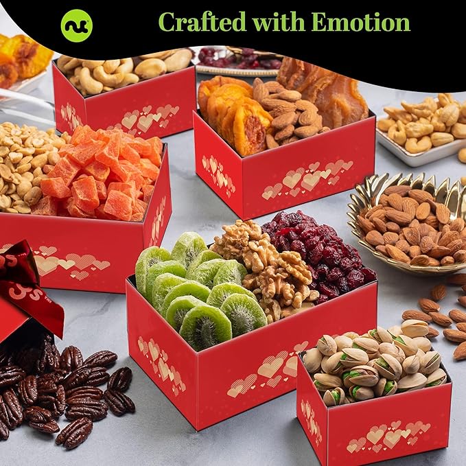 NUT CRAVINGS - Easter Dried Fruit &amp Mixed Nuts Gift Basket Red Tower + Heart Ribbon (12 Assortments) Ramadan Gifts Food Arrangement Healthy Snack Care Package Kosher