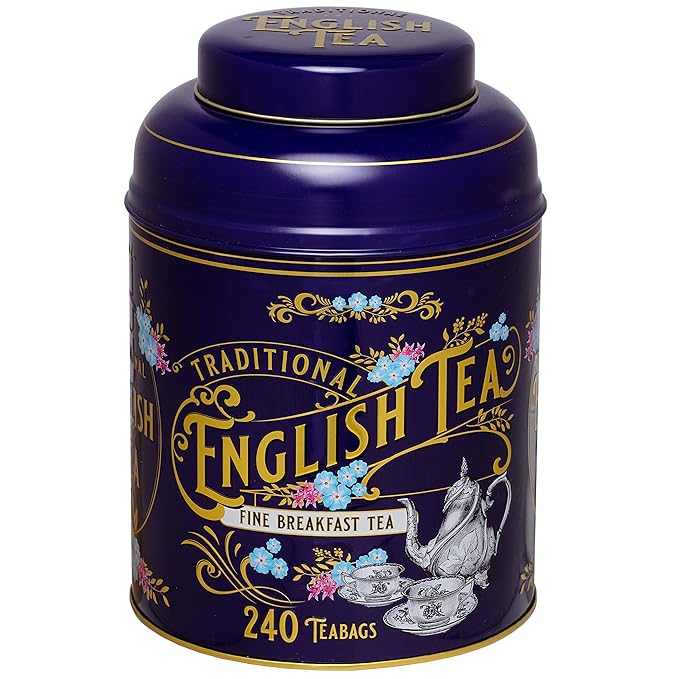 New English Teas Vintage Victorian Tea Tin in Royal Purple With 240 English Breakfast Teabags Forget Me Not Florals