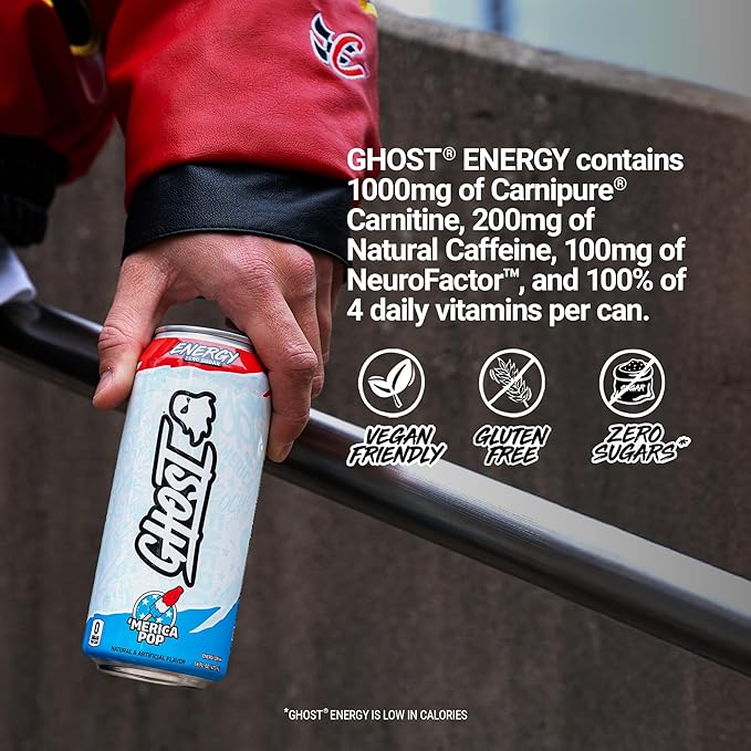GHOST Energy Drink - 12-Pack 'Merica Pop 16oz Cans - Energy &amp Focus &amp No Artificial Colors - 200mg of Natural Caffeine L-Carnitine &amp Taurine - Gluten-Free &amp Vegan