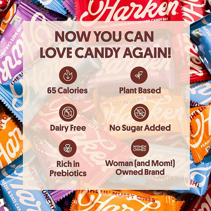 Harken Sweets The Lil’ Nutty Ones Mini Oat Milk Chocolate Candy Bars with Peanuts Sweetened with Dates No Sugar Added High Fiber Snack Gluten-Free Plant-Based 6 Pouches (30 Bars)