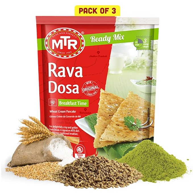 MTR Instant Rava Dosa Mix - Ready to Cook Authentic Indian Breakfast Lunch Dinner or Snack Meal - No Added Preservatives - A Quick &amp Easy Recipe Suitable for Vegetarians - (500g Pack of 3)