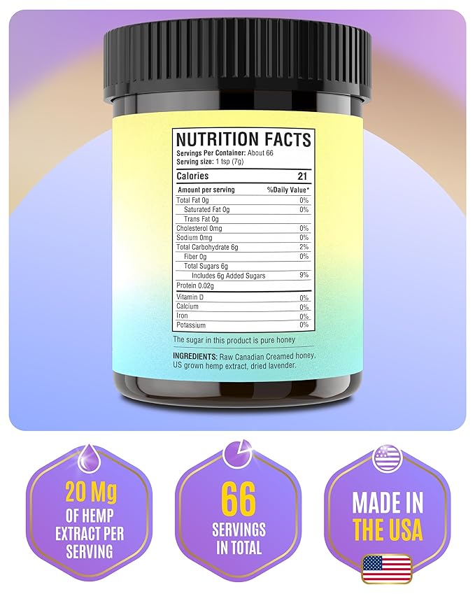 Spun Honey Lavender &amp Hemp Infused Creamed Honey - OU Kosher Certified - Natural &amp Pure Blend - No Added Flavors Independent Testing for Purity and Potency Whole Ingredients - 11 Oz. Jar