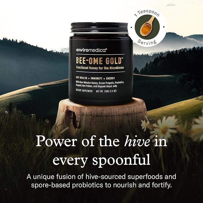 Bee-Ome Gold by Enviromedica - Unpasteurized Raw Manuka Honey with Probiotics Royal Jelly Bee Pollen &amp Propolis Functional Superfood Honey 7.4oz