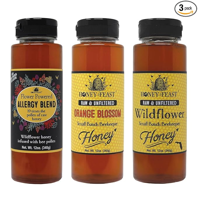HONEY FEAST Wellness Trio Honey Gift Set - Includes 12oz Allergy Blend Wildflower and Orange Blossom Honey - Perfect for Tea Gourmet Dishes and Gifting