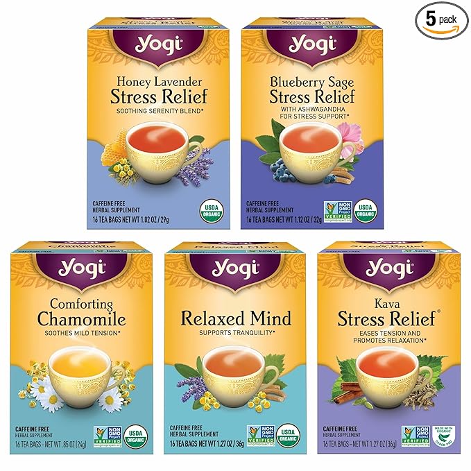 Yogi Tea Stress Relief &amp Relaxation Variety Sampler - 16 Bags per Pack (5 Packs) - Organic Relaxing Tea Sampler Set - Calming Comforting Chamomile Relaxed Mind &amp More