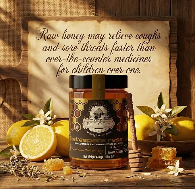 Ellora Farms Greek Honey Single Estate PDO Pine &amp Thyme Raw Honey Unfiltered Beekeepers Reserve Pure Raw &amp Unfiltered Cold-Pressed Gluten Free - 450 g