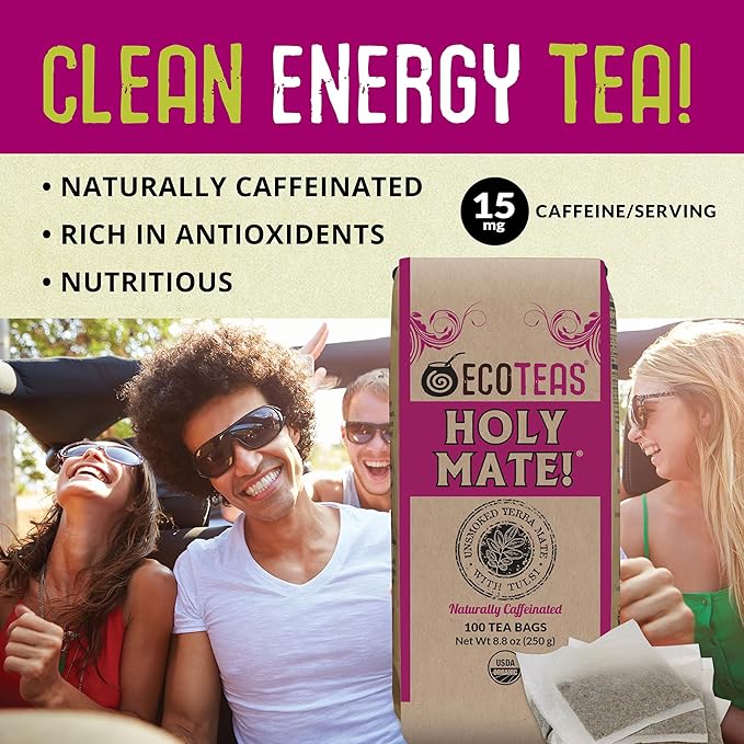 ECOTEAS Holy Mate! Organic Yerba Mate Tea Bags with Tulsi &amp Mint – Natural Energy Detox Herbal Tea Stress Support – Kosher Non-GMO Gluten-Free - 100 Bulk Bags 8.8 oz (Pack of 1)