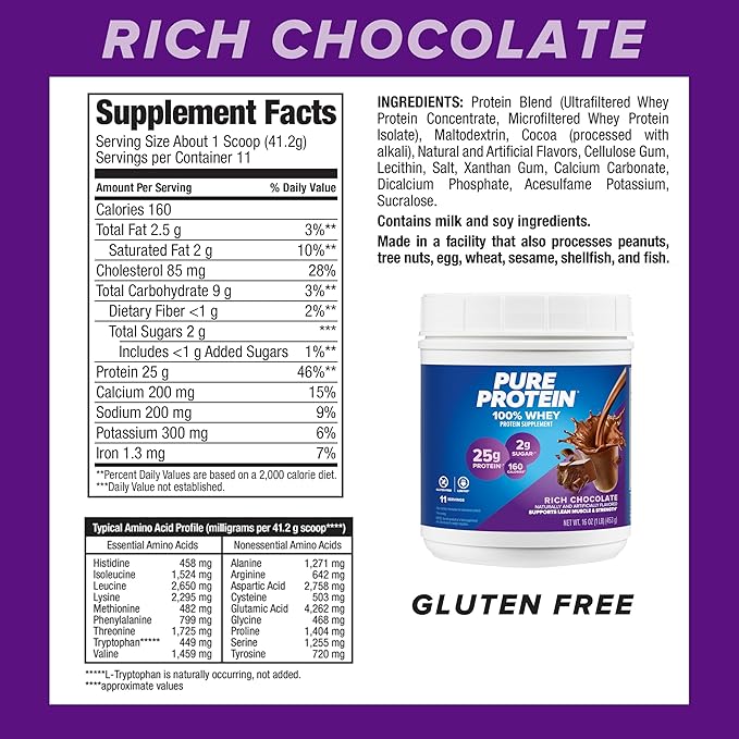 Pure Protein Powder Whey High Protein Low Sugar Gluten Free Rich Chocolate 1 lb