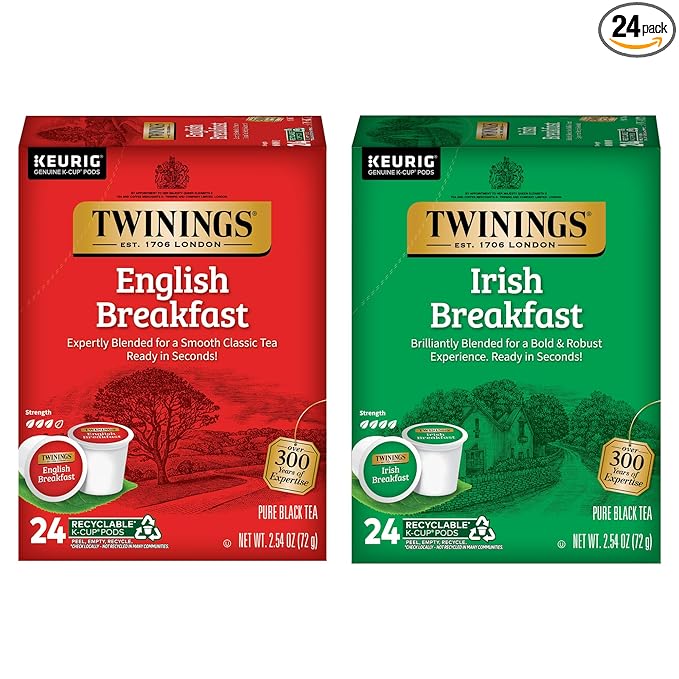 Twinings English Breakfast Black Tea K-Cups for Keurig 24 Count (Pack of 1) + Irish Breakfast Black Tea K-Cups for Keurig 24 Count (Pack of 1)