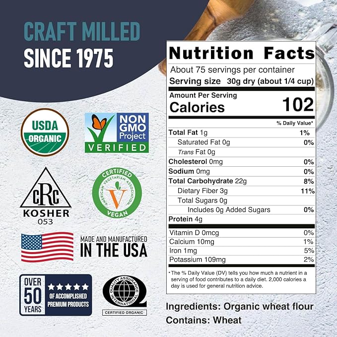 Great River Milling Organic Whole Wheat Flour | Unbleached &amp Unbromated | High Protein &amp Fiber | Non-GMO Kosher | Perfect for Sourdough Bread Rolls &amp Baking | 5 Lb