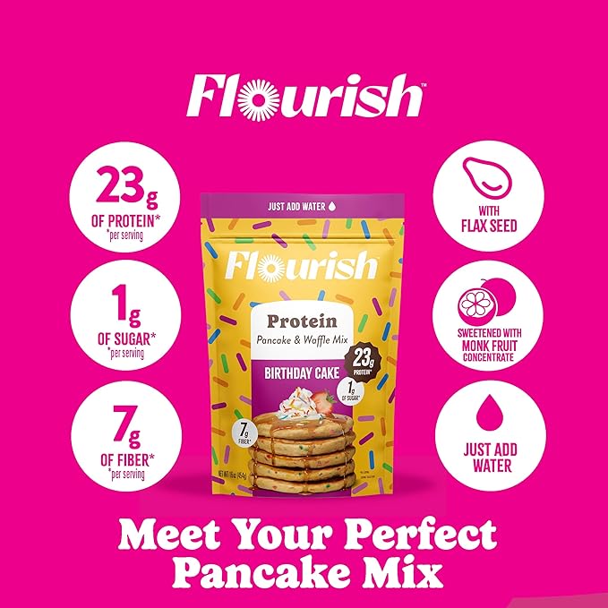 Flourish Protein Pancake &amp Waffle Mix with Whey Protein &amp Flax Seed No Added Sugar High in Protein &amp Fiber - Just Add Water - Birthday Cake Flavour 430g (3 Pack) - Made in Canada