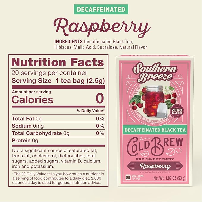 Southern Breeze Decaf Cold Brew Sweet Tea Raspberry Iced Tea with Black Tea and Zero Carbs Zero Sugar 20 Individually Wrapped Tea Bags Pack of 4