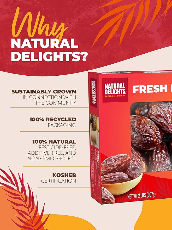 Natural Delights Dates – Large &amp Plump Non-GMO Verified Good Source of Fiber Naturally Sweet Fruit Snack Perfect for On-the-Go - Medjool Dates Whole 2 lb Box