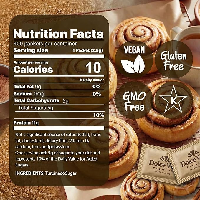 Raw Sugar Dolce Vitta Premium (400 Ct Box) - Raw Sugar Turbinado Cane Sugar Packets Pure All-Natural Turbinado Sugar Sugar Pure Cane Non-GMO Project Verified Kosher Vegan and Gluten Free.
