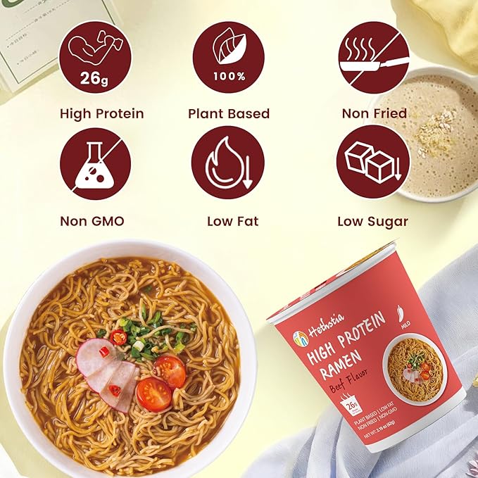 Hethstia High Protein (26g) Ramen Cup Noodles Spicy Beef Flavor 6 Count Plant Based Vegan Noodle Soup Non Fried Low Sugar Low Fat Ready to Eat Healthy Asian Meal &amp Holiday Gift