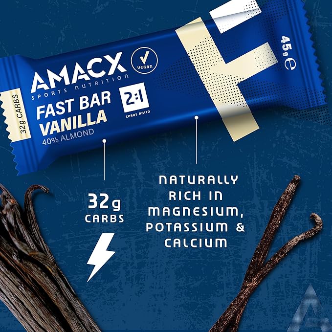 AMACX Fast Bar Energy Bar for Endurance Athletes – 12 x 45g – Vegan Protein Bars 40% Almond content – Healthy Sports Snack Bars – 2:1 Carbohydrates (31g) ratio &amp Natural Electrolytes – Vanilla