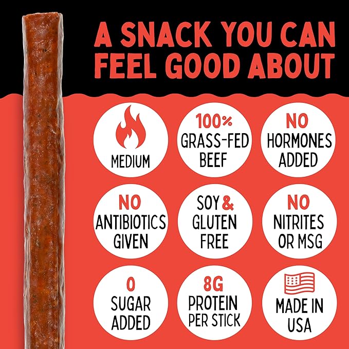 Jalapeno 100% Grass Fed Beef Sticks Sogo Snacks Low Carb and Gluten-Free Snack Hiking and Road Trip Snacks Snack Pack of 48 Level 3.5 of 5 Spicy Jerky Sticks