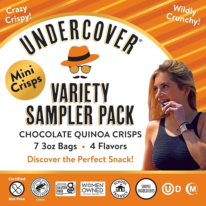 Undercover Snacks Chocolate Quinoa Crisps - Variety Sampler Pack | 7-Pack 3oz Bags of Mini Crisps | Gluten Free Nut-Free Allergen Friendly Kosher