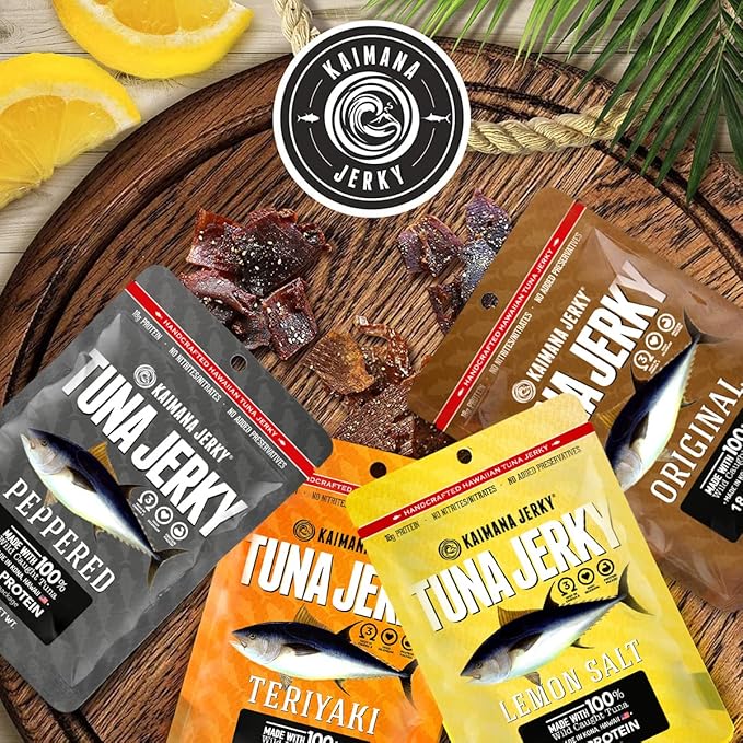Kaimana Ahi Tuna Fish Jerky - Premium Protein &amp Rich In Omega-3's - All Natural &amp Wild Caught Tuna Jerky. Made in Hawaii USA. (4 Pack Variety Bundle)