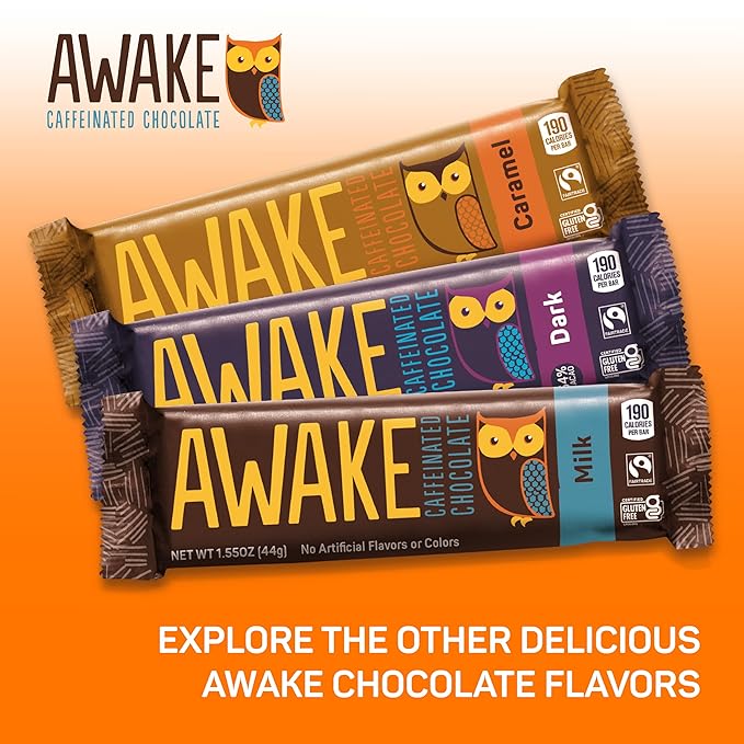 Awake Caffeinated Chocolate Bars - Dark Chocolate 12 Bars - 100mg Caffeine - 1 Bar Equals 1 Cup of Coffee - Individually Wrapped Energy - Fairtrade Gluten Free Non GMO Kosher - 1.34oz