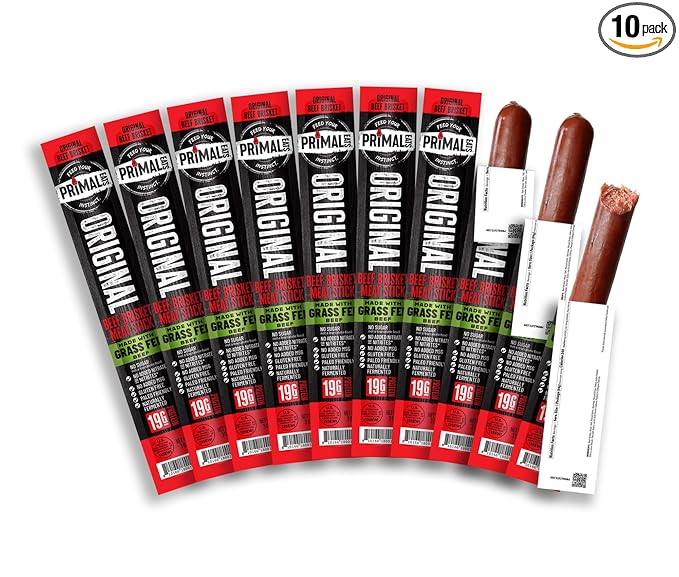 Primal Eats Original 100% Grass Fed Beef Brisket Meat Sticks 3oz 10-Pack - 19g Lean Meat Protein Keto Paleo Carnivore Gluten Free Zero Sugar Beef Jerky Snack Stick