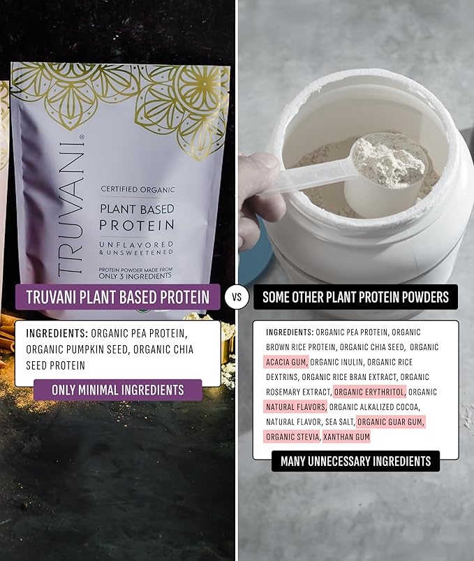 Truvani Pea Protein Powder | Unflavored | 20g Organic Vegan Plant Based Protein | 20 Servings | Keto | Gluten &amp Dairy Free | Low Carb | No Added Sugar