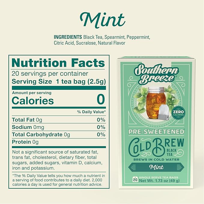 Southern Breeze Cold Brew Sweet Tea Mint Iced Tea with Black Tea and Zero Carbs Zero Sugar 20 Individually Wrapped Tea Bags (Pack of 4) Southern Sweet Tea Iced Tea Beverage